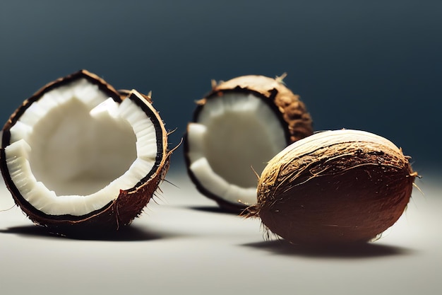 Noce di cocco tagliata a metà con foglia di palma isolata su sfondo bianco.