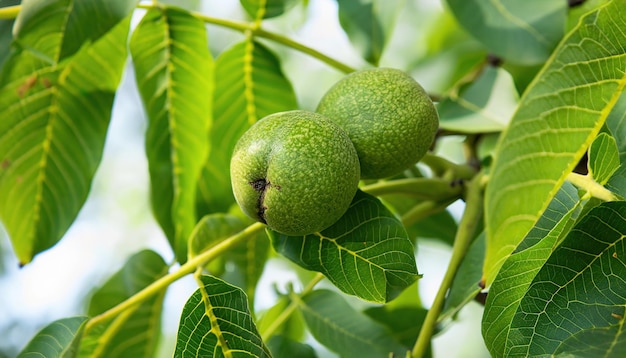 Noce verde su un ramo con foglie fresche