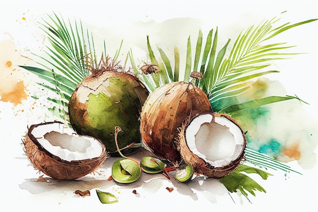 Noci di cocco acquerello AI illustrazione generativa Sfondo di cibo tropicale estivo