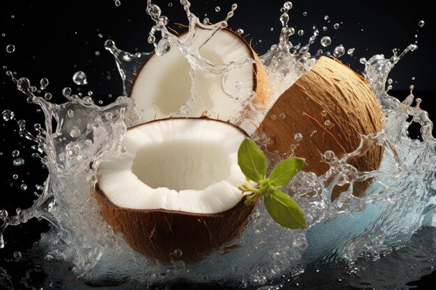 Noci di cocco con spruzzi d'acqua isolati sullo sfondo