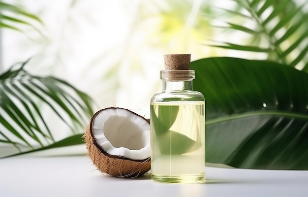 noci di cocco e olio di cocco con foglie tropicali su sfondo bianco del bagno