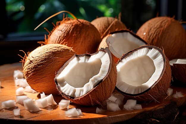 noci di cocco fresche sullo sfondo di legno