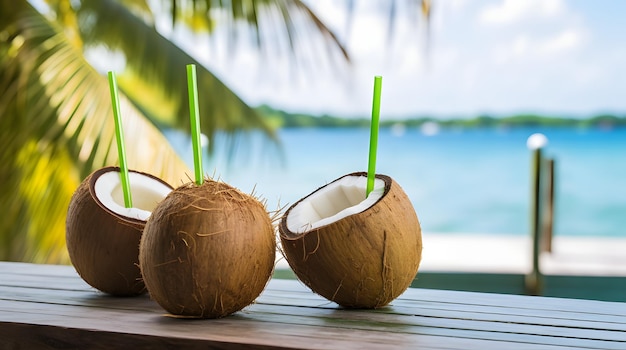 Noci di cocco in mostra in un bar sulla spiaggia dei Caraibi con lo sfondo dell'oceano