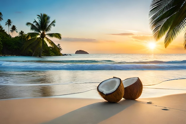 Noci di cocco su una spiaggia con palme sullo sfondo