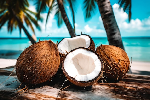 Noci di cocco su una spiaggia con un cielo blu sullo sfondo