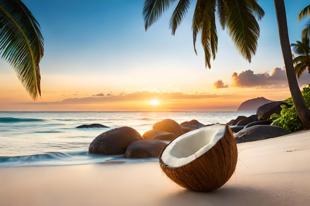 Noci di cocco su una spiaggia con un tramonto sullo sfondo