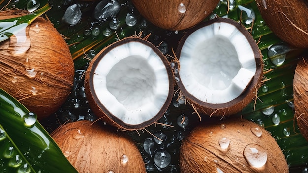 Noci di cocco su uno sfondo verde con la parola cocco in alto