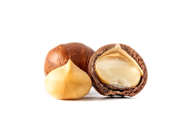 Noci di macadamia cibo sano nutrizione isolato su sfondo bianco