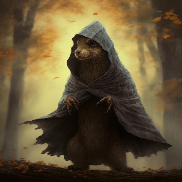 Nocturnal Bear in a Cloak un dipinto digitale con elementi di Avocadopunk e Mushroomcore