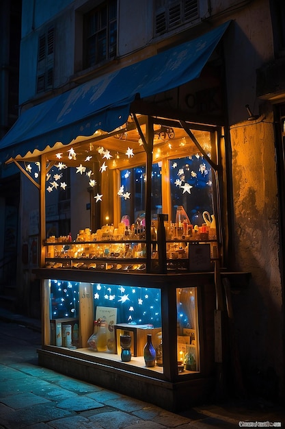 Noite Estrelada em Cantinho da Alegria Loja Iluminada com Brinquedos