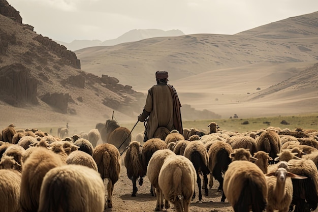 Nomad con il loro gregge di pecore che viaggiano attraverso le montagne create con l'IA generativa