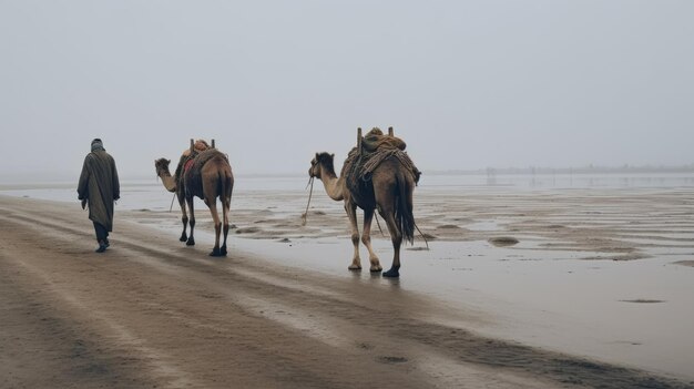 Nomade solitario che guida i cammelli in una mattinata nebbiosa attraverso il vasto letto del fiume della periferia del Sahara, sperimentando il viaggio senza tempo delle caravane tradizionali