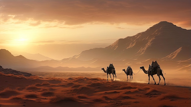 Nomadi che attraversano un vasto deserto con i cammelli