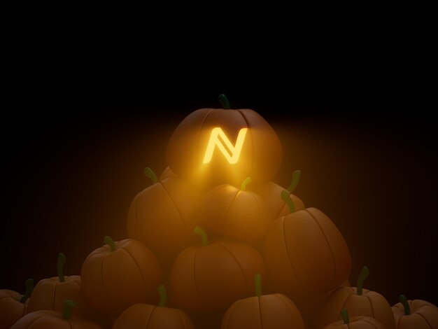 Nome Intagliato Zucca Pila Pila Cripto Valuta Illustrazione 3D Render Illuminazione Oscura