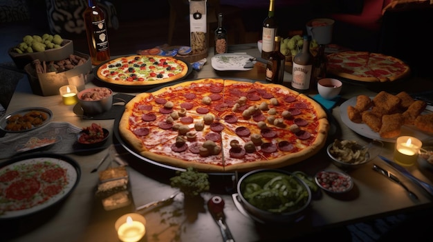Non perderti il nostro pizza party con una pizzeria costruita da te Con una varietà di condimenti e salse fresche puoi creare la pizza perfetta da condividere con la famiglia e gli amici Generato dall'IA