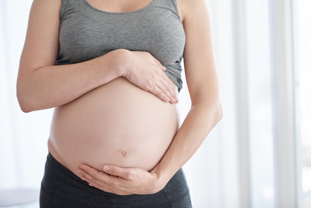 Non vedo l'ora di essere una madre Inquadratura ritagliata di una donna incinta in piedi nella sua casa