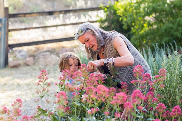 nonna anziana e suo nipote di 5 anni che potano le rose nel suo giardino
