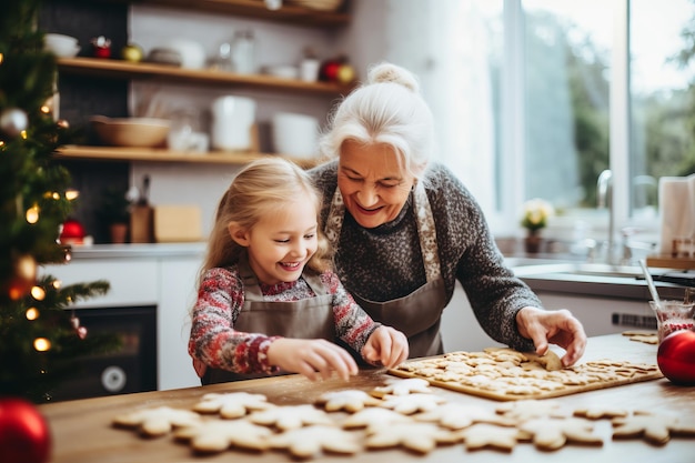 Nonna caucasica che cuoce biscotti a Natale con la cottura festiva della nipote