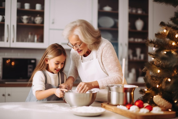 Nonna caucasica che cuoce biscotti a Natale con la cottura festiva della nipote