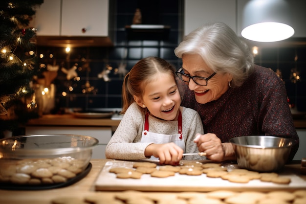 Nonna caucasica che fa i biscotti a Natale con la nipote