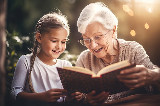 Nonna che legge con la ragazza Home Love senior Genera Ai