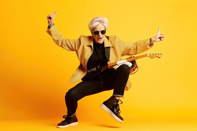 Nonna con occhiali da sole che fa pose e suona la chitarra elettrica in uno studio con sfondo giallo