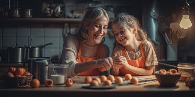 Nonna e nipote si aiutano a vicenda a cucinare felicemente in cucina IA generativa