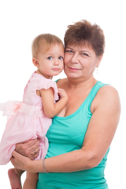 Nonna e nipote su sfondo bianco