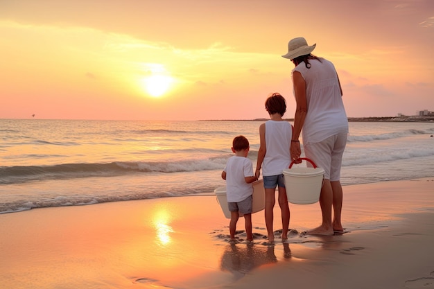 Nonna e nipoti sulla spiaggia tenendosi per mano durante le vacanze estive al tramonto