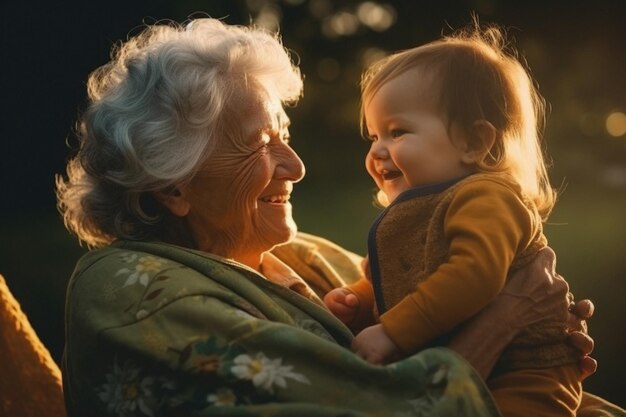 Nonna felice con bambino fuori realizzato con la tecnologia Generative AI