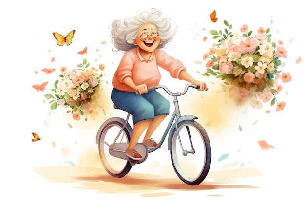 Nonna felice in sella a una bicicletta IA generativa