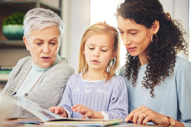 Nonna mamma e ragazza che leggono un libro legame e felicità per divertimento tempo di qualità e relax Genitore di famiglia o nonna con mamma figlia o bambina con letteratura narrativa o apprendimento