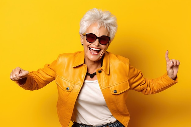 Nonna sorridente con occhiali da sole che fa pose su uno studio con sfondo giallo