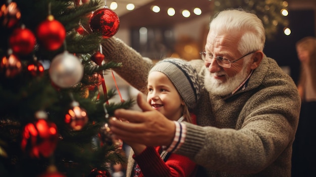 Nonni felici che posizionano la decorazione sull'albero di Natale Stagione delle vacanze