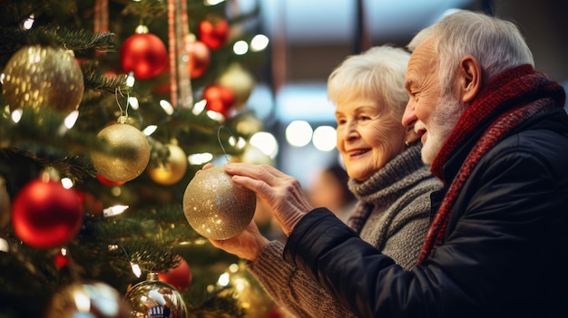 Nonni felici che posizionano la decorazione sull'albero di Natale Stagione delle vacanze