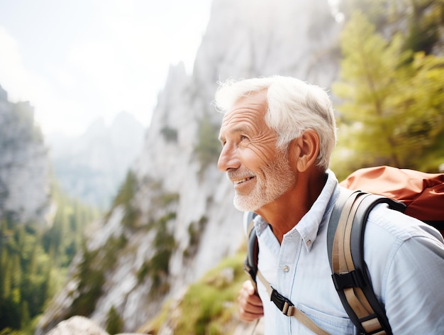 Nonno che fa trekking tra le montagne Turista