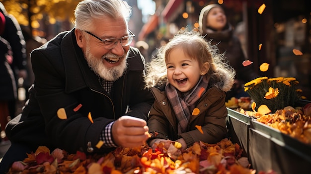 Nonno con nipote che gioca in autunno Generato dall'intelligenza artificiale