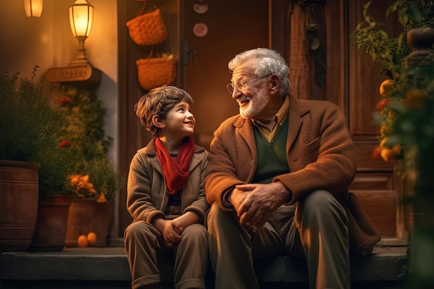 Nonno e nipote seduti su una scala che parlano affettuosamente IA generativa