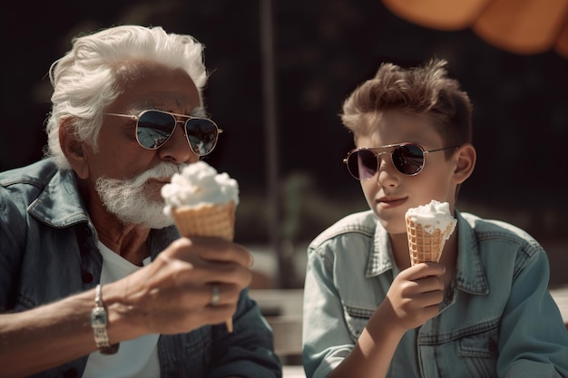 Nonno e nipote si divertono insieme Anziano positivo che trascorre del tempo con suo nipote Famiglia multigenerazionale Pensionamento felice Invecchiamento positivo buon umore IA generativa