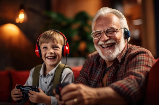 Nonno e ragazzo con le cuffie immersi in un divertente videogioco