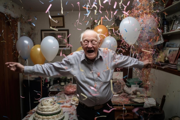 Nonno felice che festeggia il suo compleanno circondato da palloncini volanti e coriandoli nella stanza
