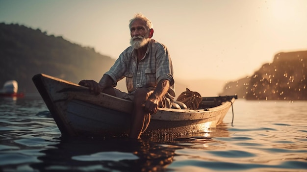 nonno pescatore su una barca in mare ai generato