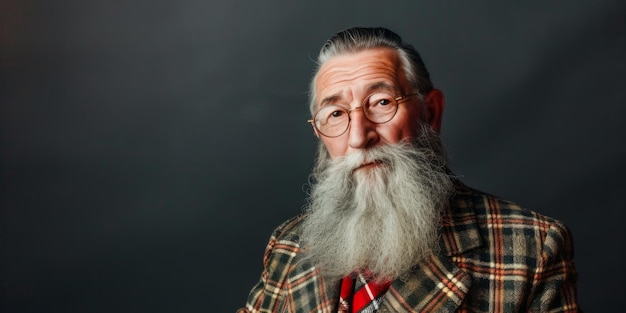 Nonno sospetto con una lunga barba elegante che indossa un blazer di tartano