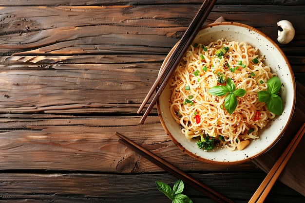 Noodle in ciotola e bastoncini su tavolo di legno con spazio per le copie