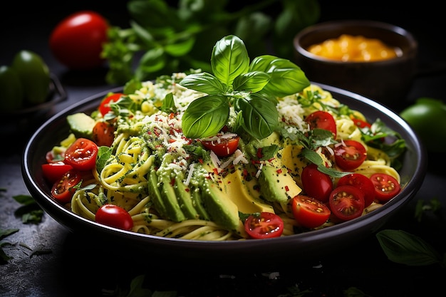 Noodle vegane con avocadò, basilico e pesto