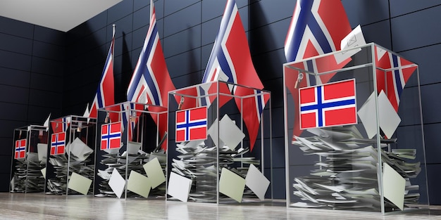 Norvegia diverse urne e bandiere che votano il concetto elettorale 3D'illustrazione