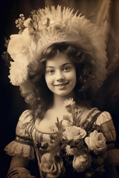 Nostalgia della vecchia Parigi Vecchia foto di una giovane donna francese sorridente con fiori del XVIII secolo