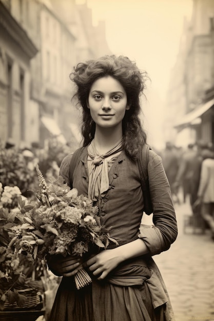 Nostalgia per la vecchia Parigi Vecchia foto di una giovane e bella donna francese con fiori del XVIII secolo