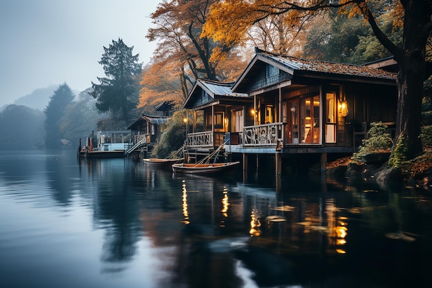 Nostalgia sul lago Casa in legno d'epoca su un lago calmo
