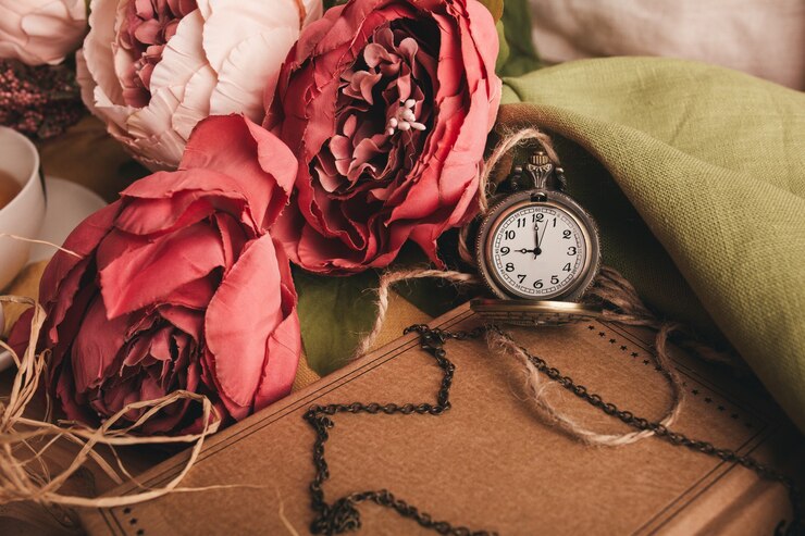 Nota di carta artigianale con tazza di tè, fiori e vecchio orologio vintage